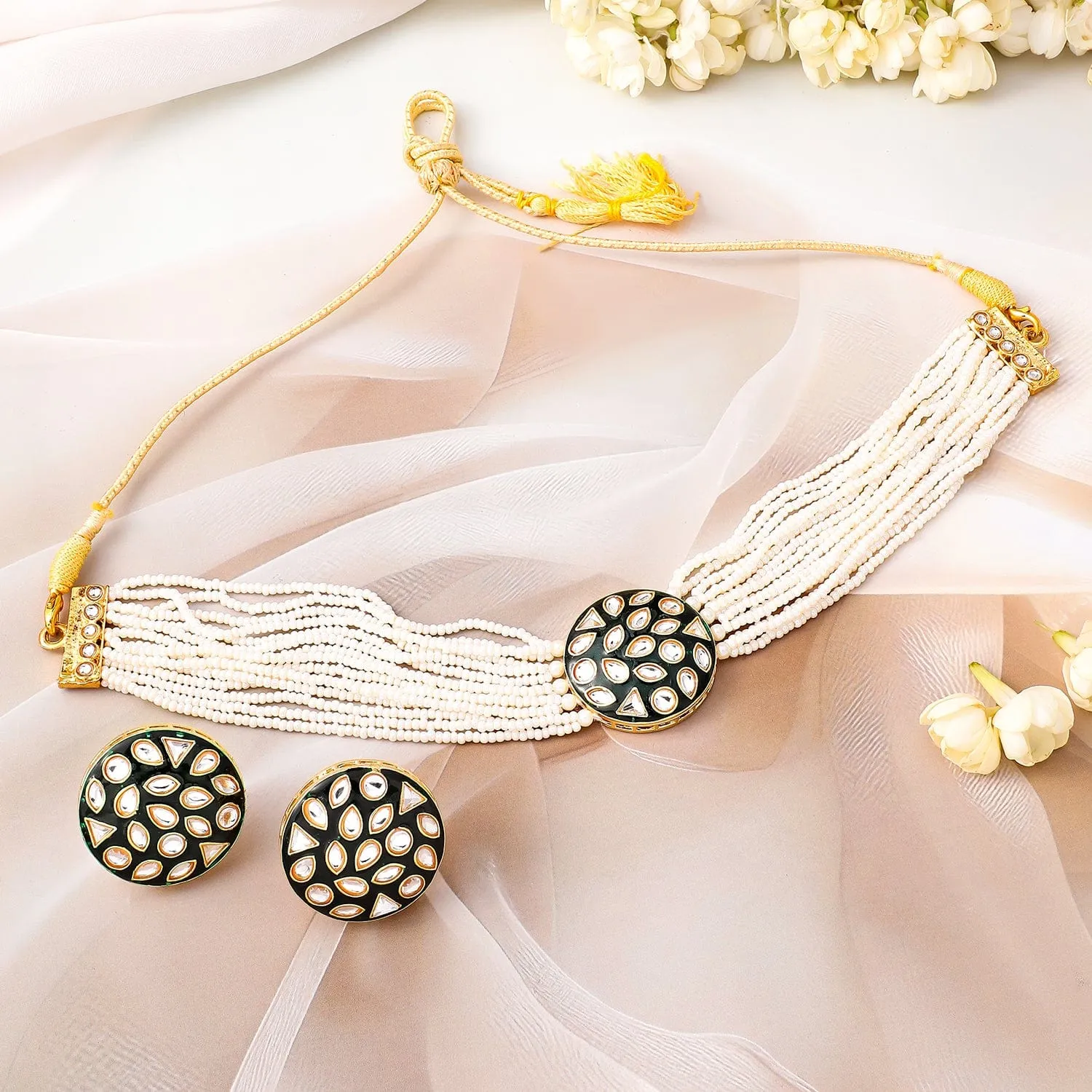 Rubans Multi-Layered Pearl Beaded Kundan Studded Choker Necklace Set with Round Design