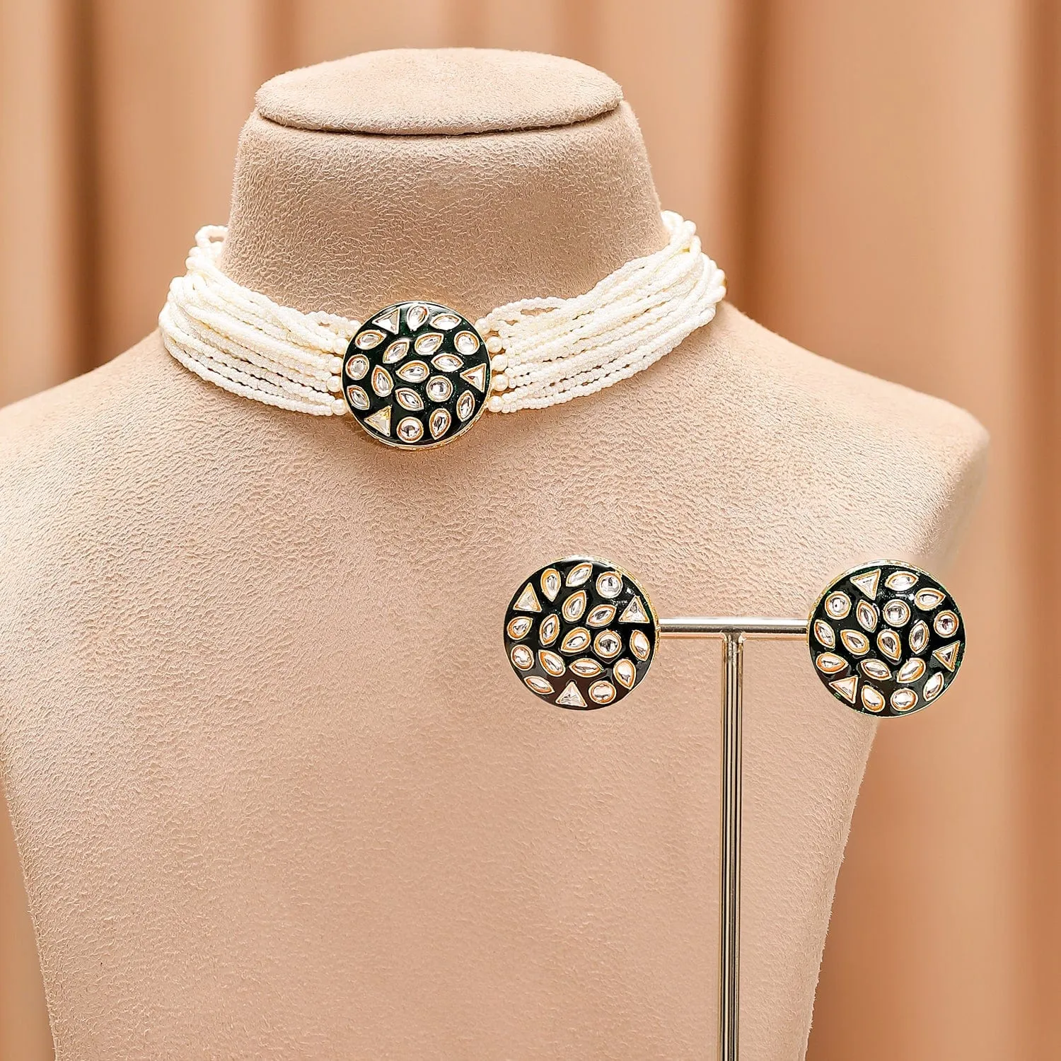Rubans Multi-Layered Pearl Beaded Kundan Studded Choker Necklace Set with Round Design