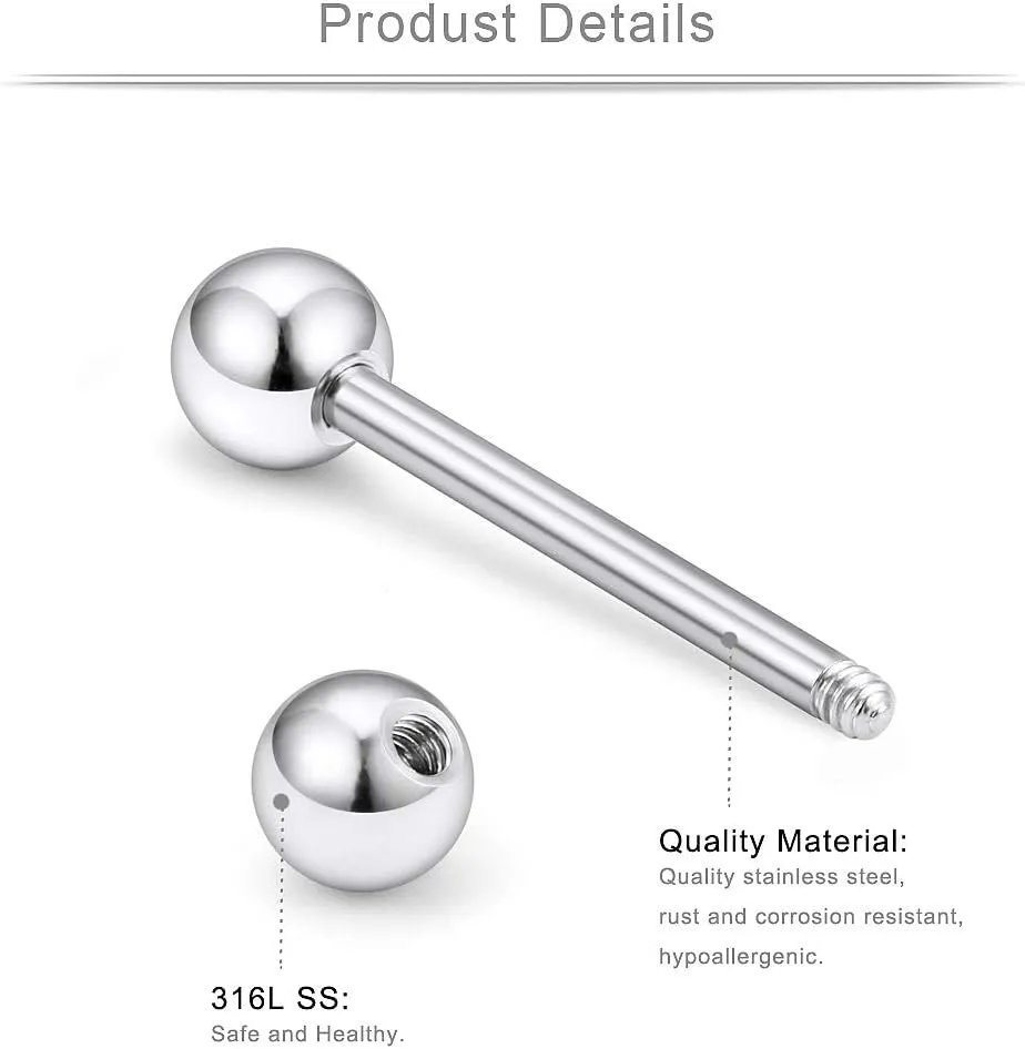 Ruifan 316L Stainless Steel Nipplerings Nipple Shield Barbell Tongue Rings Bar Body Piercing Jewelry 16G 16mm for Women Men 2-36PCS