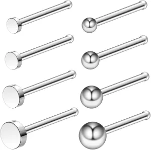 Ruifan ASTM F136 Titanium Nose Rings 18G 20G 22G Nose Studs Ring Screw L-Shaped Bone Piercing Jewelry for Women Men Ball & Flat 1.5mm 2mm 2.5mm 3mm 8PCS