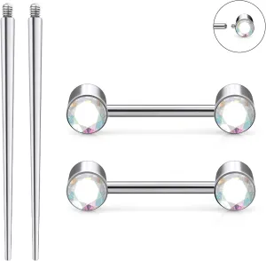 Ruifan Titanium Internally Threaded Nipple Piercing Jewelry Ring Jeweled Round Cubic Zirconia Tongue Rings Straight Barbell Body Piercing Jewelry for Women Men 14G 14MM With Straight Piercing Taper
