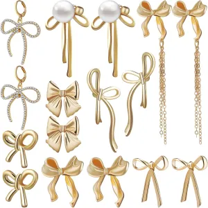 SAFIGLE 8 Pairs Bow Earrings for Women, Gold Alloy Bowknot Dangle Stud Earrings Set, Fashion Statement Jewelry for Wedding, Party, Daily Wear