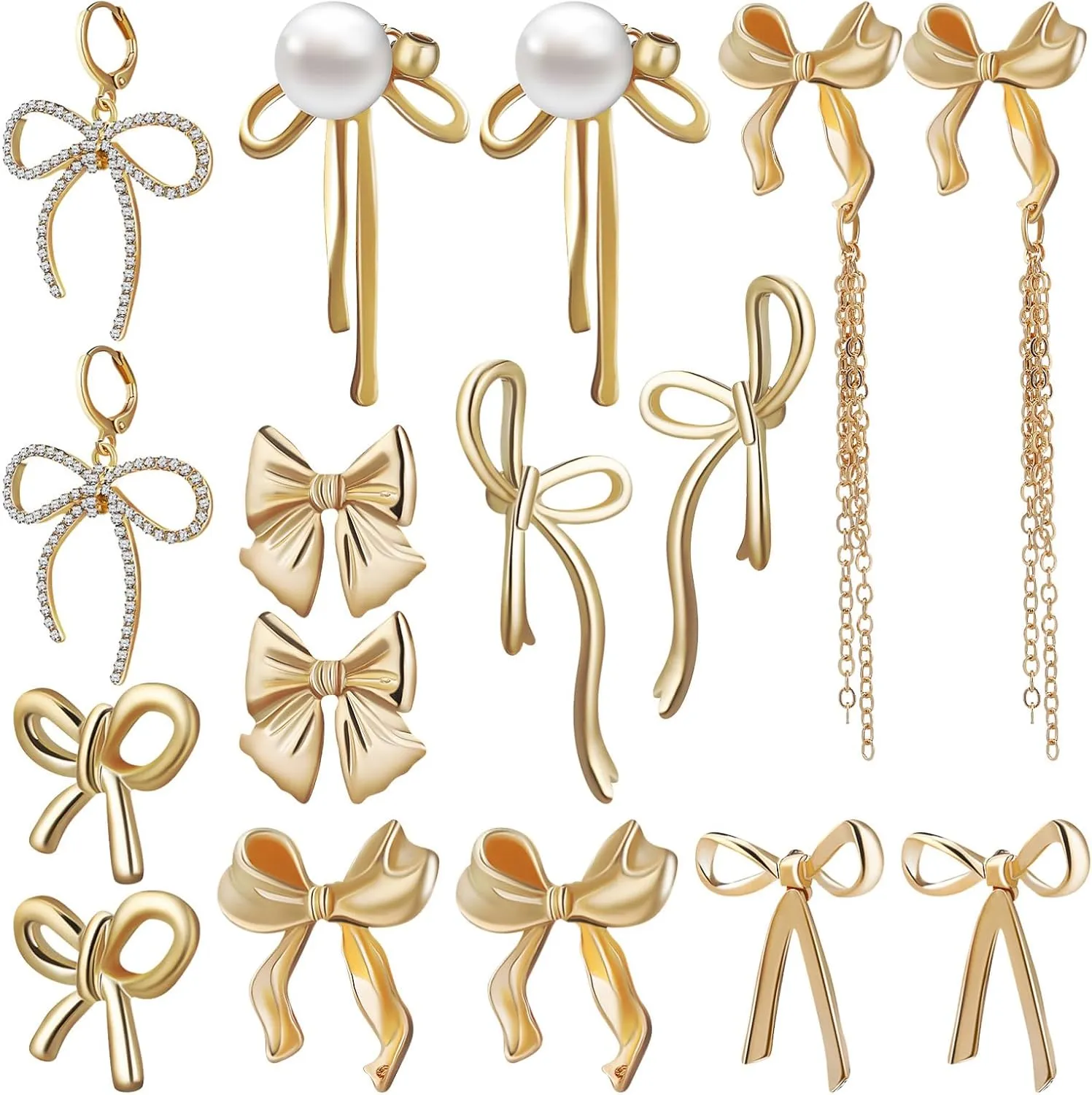 SAFIGLE 8 Pairs Bow Earrings for Women, Gold Alloy Bowknot Dangle Stud Earrings Set, Fashion Statement Jewelry for Wedding, Party, Daily Wear