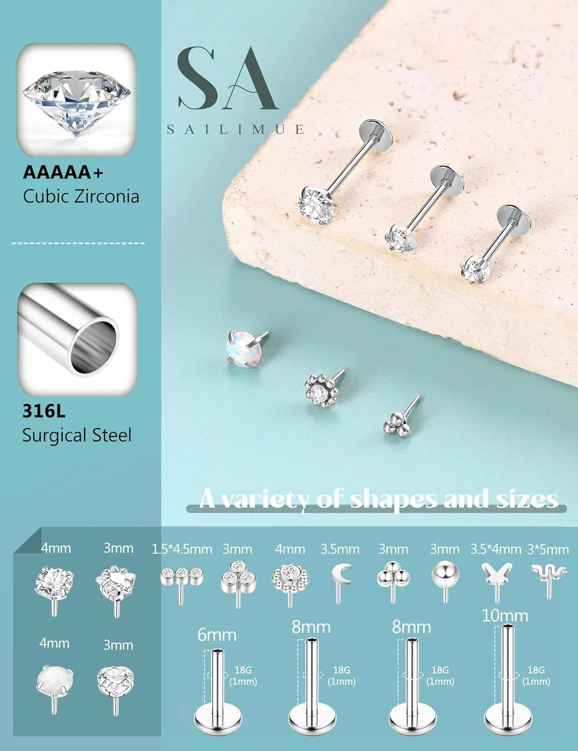 SAILIMUE 14K Gold Filled Threadless Nose Rings Studs - 20G 18G 16G Nose Rings for Women Men Hypoallergenic Surgical Steel Threadless Flat Back Earrings Nose Nostril Medusa Helix Tragus Piercing Jewelry Small Push in Flat Back Nose Studs