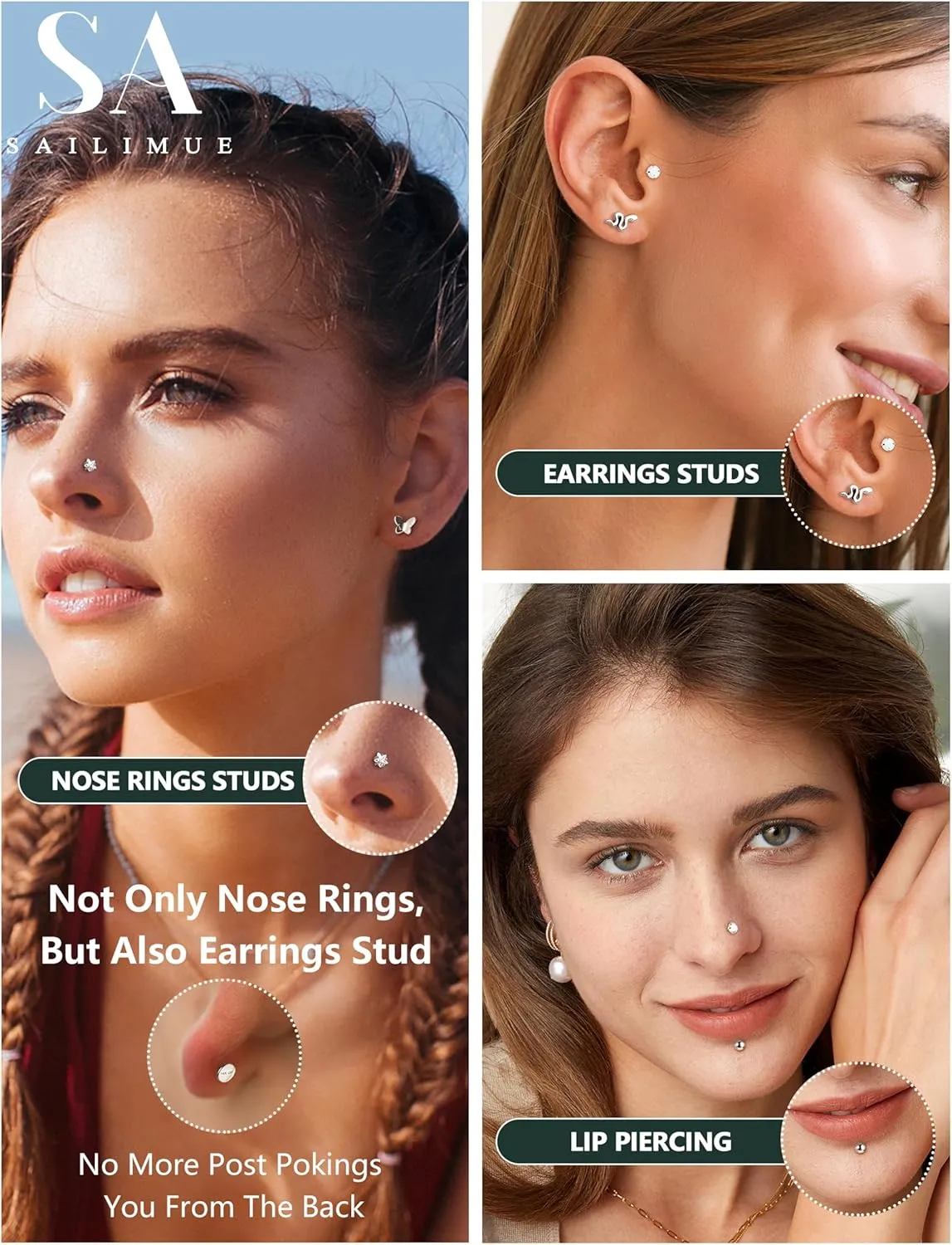 SAILIMUE 14K Gold Filled Threadless Nose Rings Studs - 20G 18G 16G Nose Rings for Women Men Hypoallergenic Surgical Steel Threadless Flat Back Earrings Nose Nostril Medusa Helix Tragus Piercing Jewelry Small Push in Flat Back Nose Studs