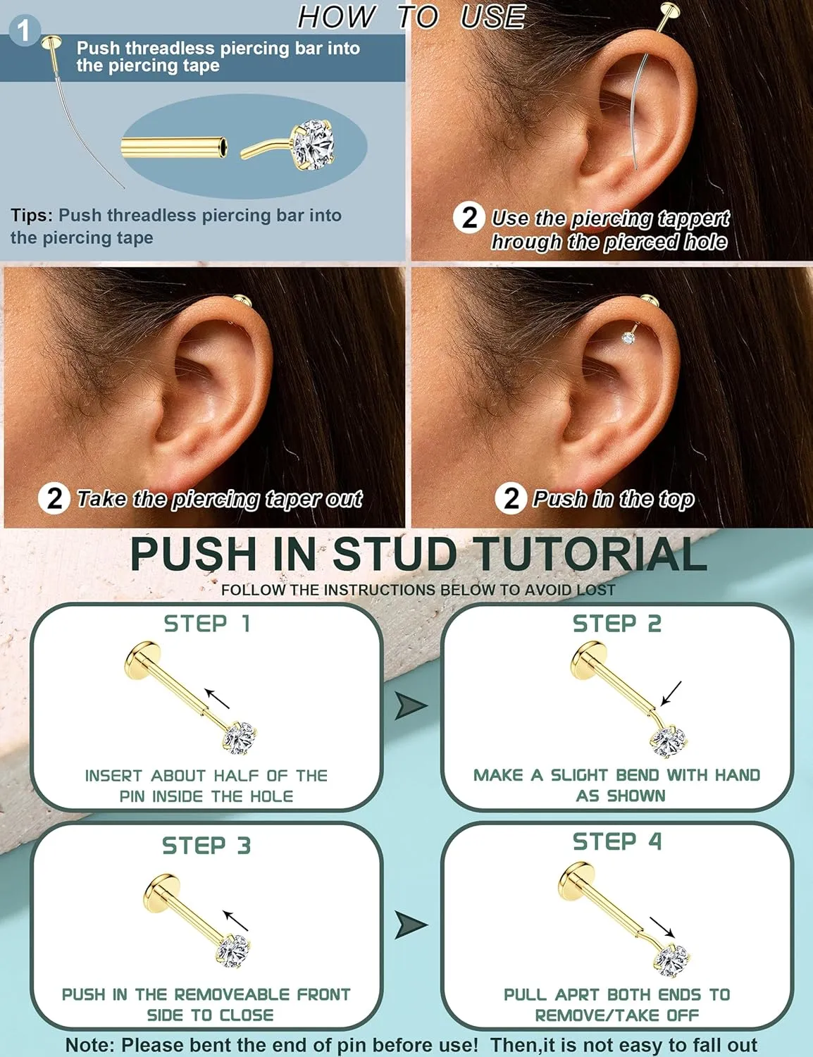 SAILIMUE 14K Gold Filled Threadless Nose Rings Studs - 20G 18G 16G Nose Rings for Women Men Hypoallergenic Surgical Steel Threadless Flat Back Earrings Nose Nostril Medusa Helix Tragus Piercing Jewelry Small Push in Flat Back Nose Studs