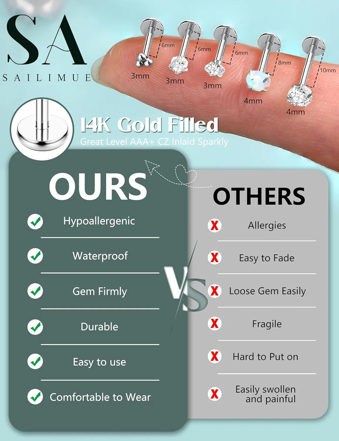 SAILIMUE 14K Gold Filled Threadless Nose Rings Studs - 20G 18G 16G Nose Rings for Women Men Hypoallergenic Surgical Steel Threadless Flat Back Earrings Nose Nostril Medusa Helix Tragus Piercing Jewelry Small Push in Flat Back Nose Studs