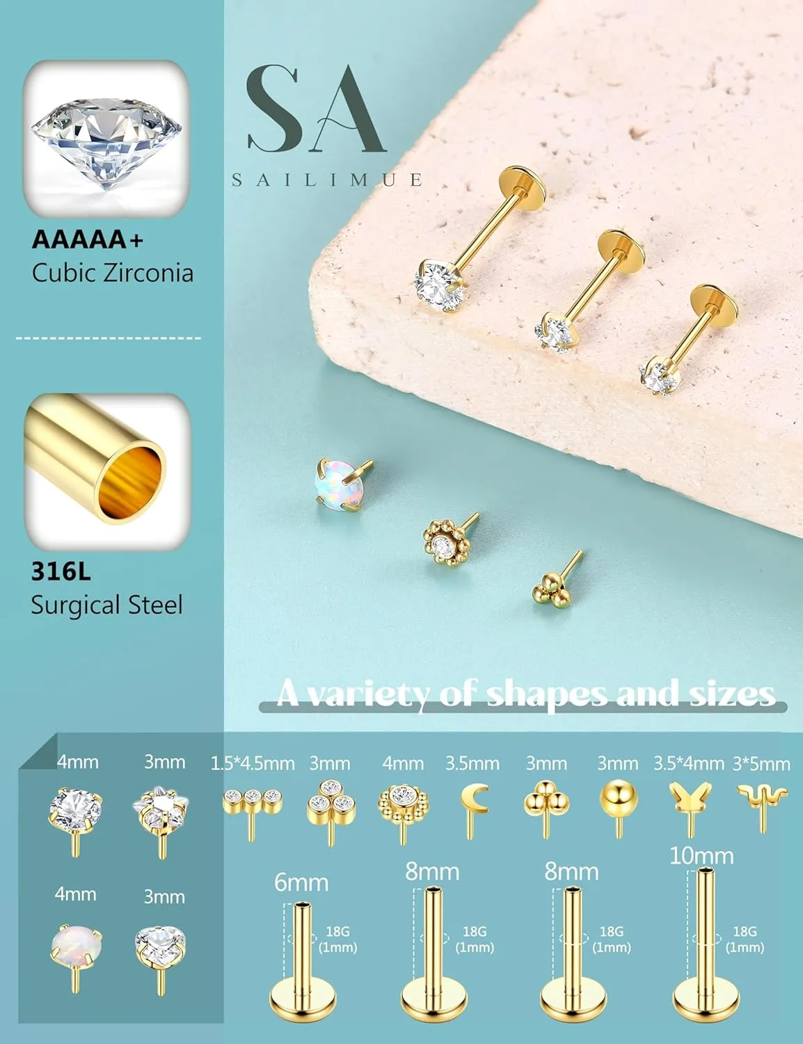 SAILIMUE 14K Gold Filled Threadless Nose Rings Studs - 20G 18G 16G Nose Rings for Women Men Hypoallergenic Surgical Steel Threadless Flat Back Earrings Nose Nostril Medusa Helix Tragus Piercing Jewelry Small Push in Flat Back Nose Studs