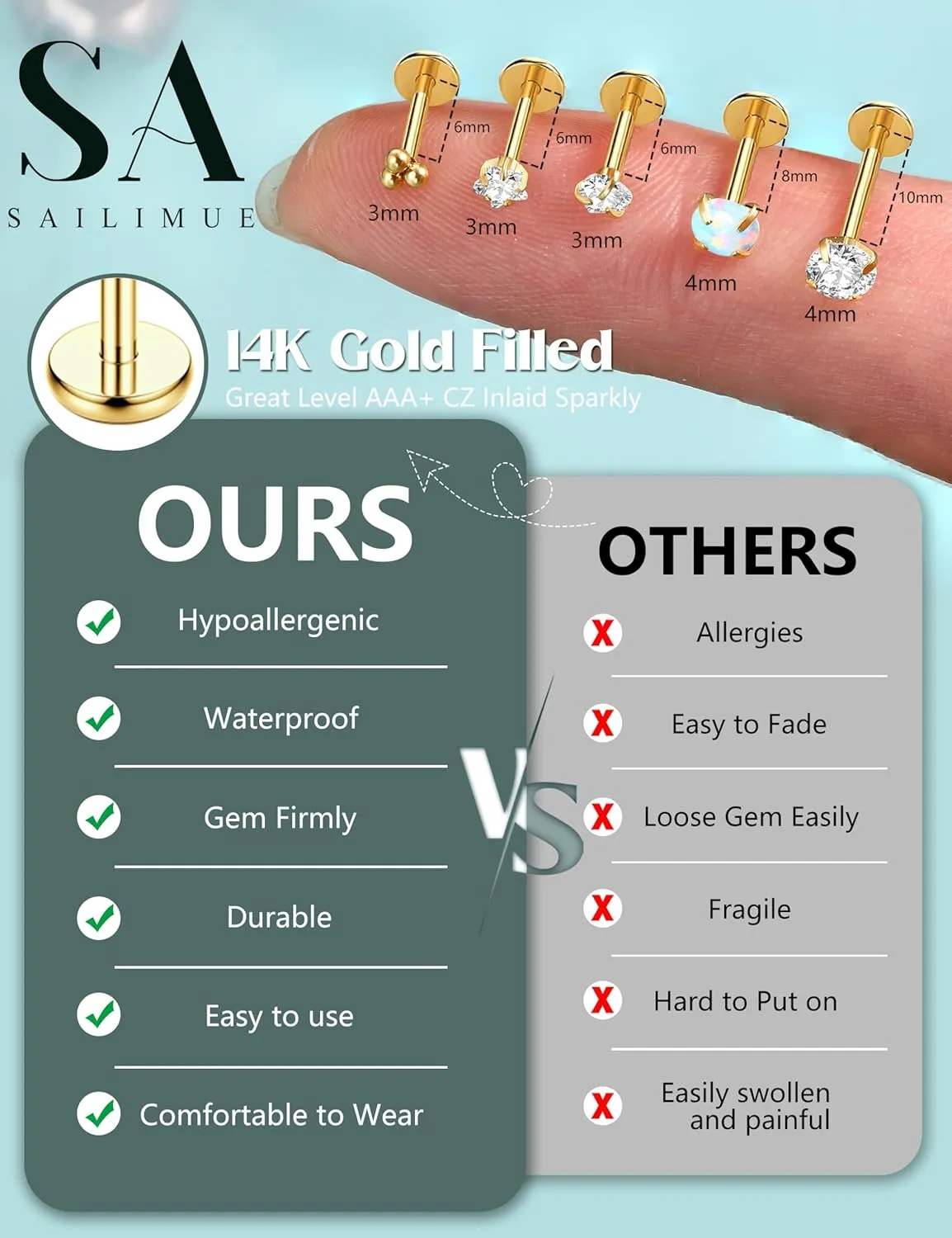 SAILIMUE 14K Gold Filled Threadless Nose Rings Studs - 20G 18G 16G Nose Rings for Women Men Hypoallergenic Surgical Steel Threadless Flat Back Earrings Nose Nostril Medusa Helix Tragus Piercing Jewelry Small Push in Flat Back Nose Studs