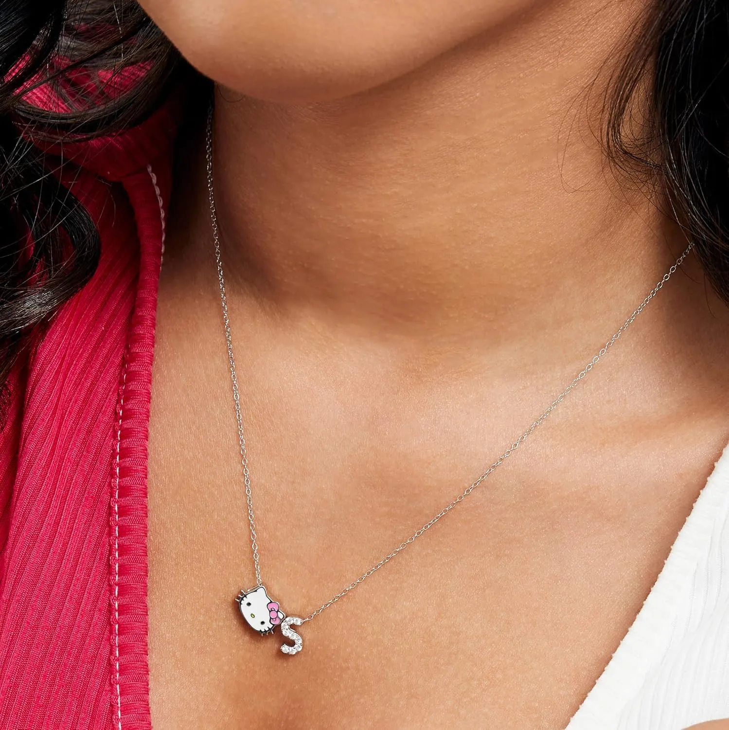 SALLY ROSE Hello Kitty Necklace for Women with Cubic Zirconia Letter Charm - 18" Initial Necklaces for Women Silver Flash-Plated - Official License