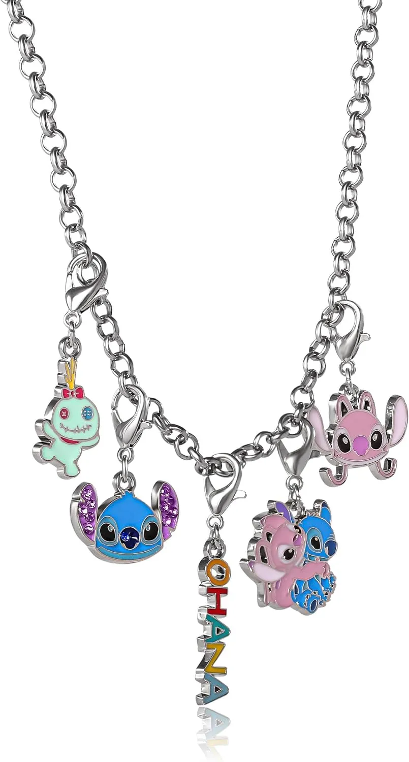 SALLY ROSE Stitch Necklace for Women with 5 Interchangeable Lilo and Stitch Charms, 18" 3" Fashion Stitch Jewelry Official License