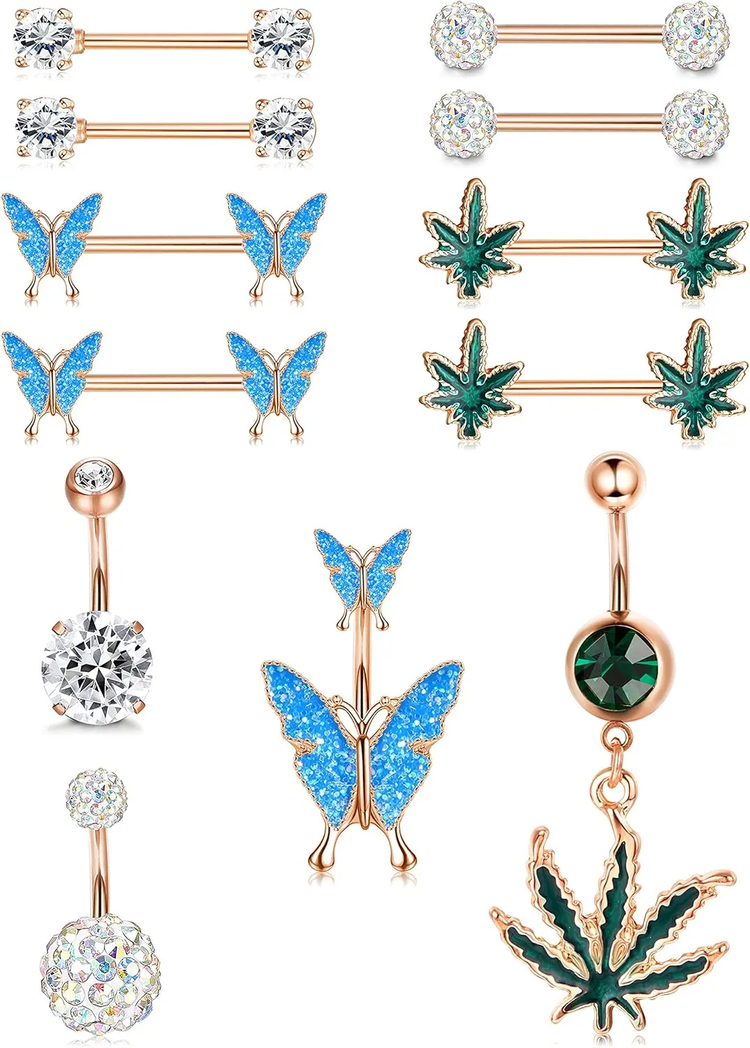 Sanfenly 14G Nipple Rings Belly Button Rings for Women 316L Surgical Steel Curved Navel Barbell CZ Weed Butterfly Tongue Rings Belly Nipple Piercing Jewelry
