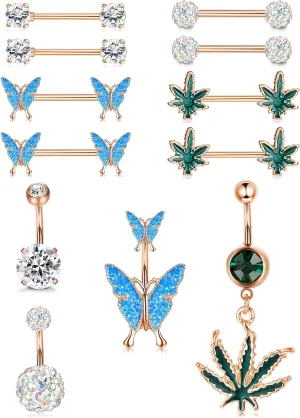 Sanfenly 14G Nipple Rings Belly Button Rings for Women 316L Surgical Steel Curved Navel Barbell CZ Weed Butterfly Tongue Rings Belly Nipple Piercing Jewelry