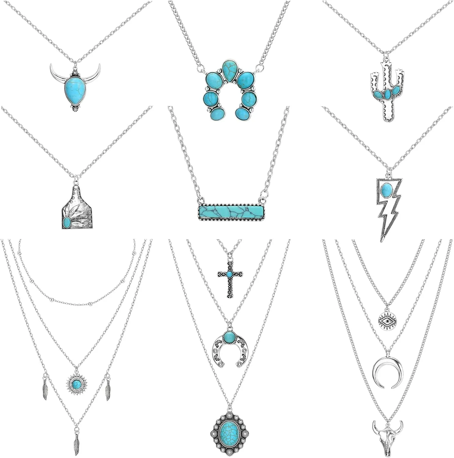 Sanfenly 9 Pcs Western Necklaces Set for Women Turquoise Necklace Cowboy Cowgirl Boho Lightning Cattle Tag Bar Pendant Necklace Jewelry Set