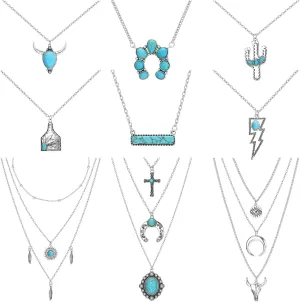 Sanfenly 9 Pcs Western Necklaces Set for Women Turquoise Necklace Cowboy Cowgirl Boho Lightning Cattle Tag Bar Pendant Necklace Jewelry Set