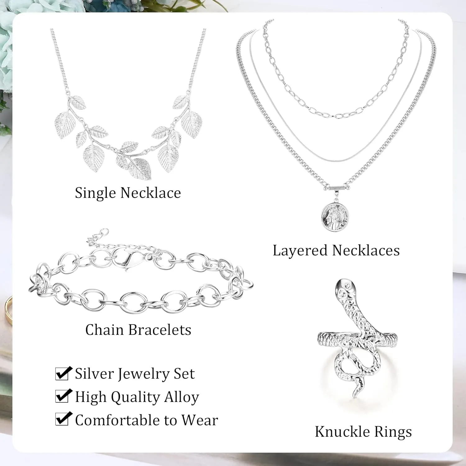 Sanfenly Gold Jewelry Sets for Women - Layered Necklaces, Chain Bracelets, Knuckle Rings for Valentine, Anniversary, Birthday Gift
