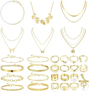 Sanfenly Gold Jewelry Sets for Women - Layered Necklaces, Chain Bracelets, Knuckle Rings for Valentine, Anniversary, Birthday Gift
