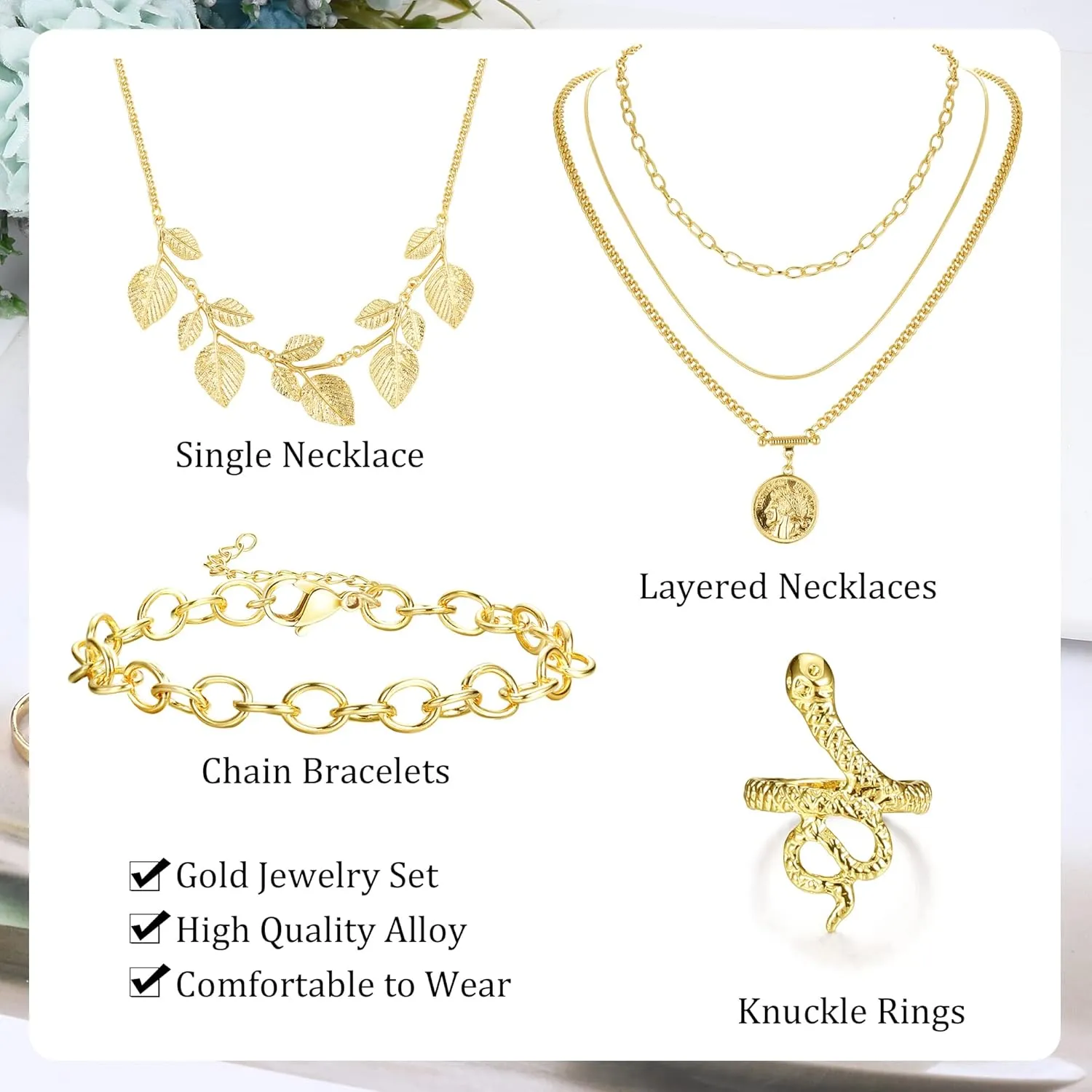 Sanfenly Gold Jewelry Sets for Women - Layered Necklaces, Chain Bracelets, Knuckle Rings for Valentine, Anniversary, Birthday Gift