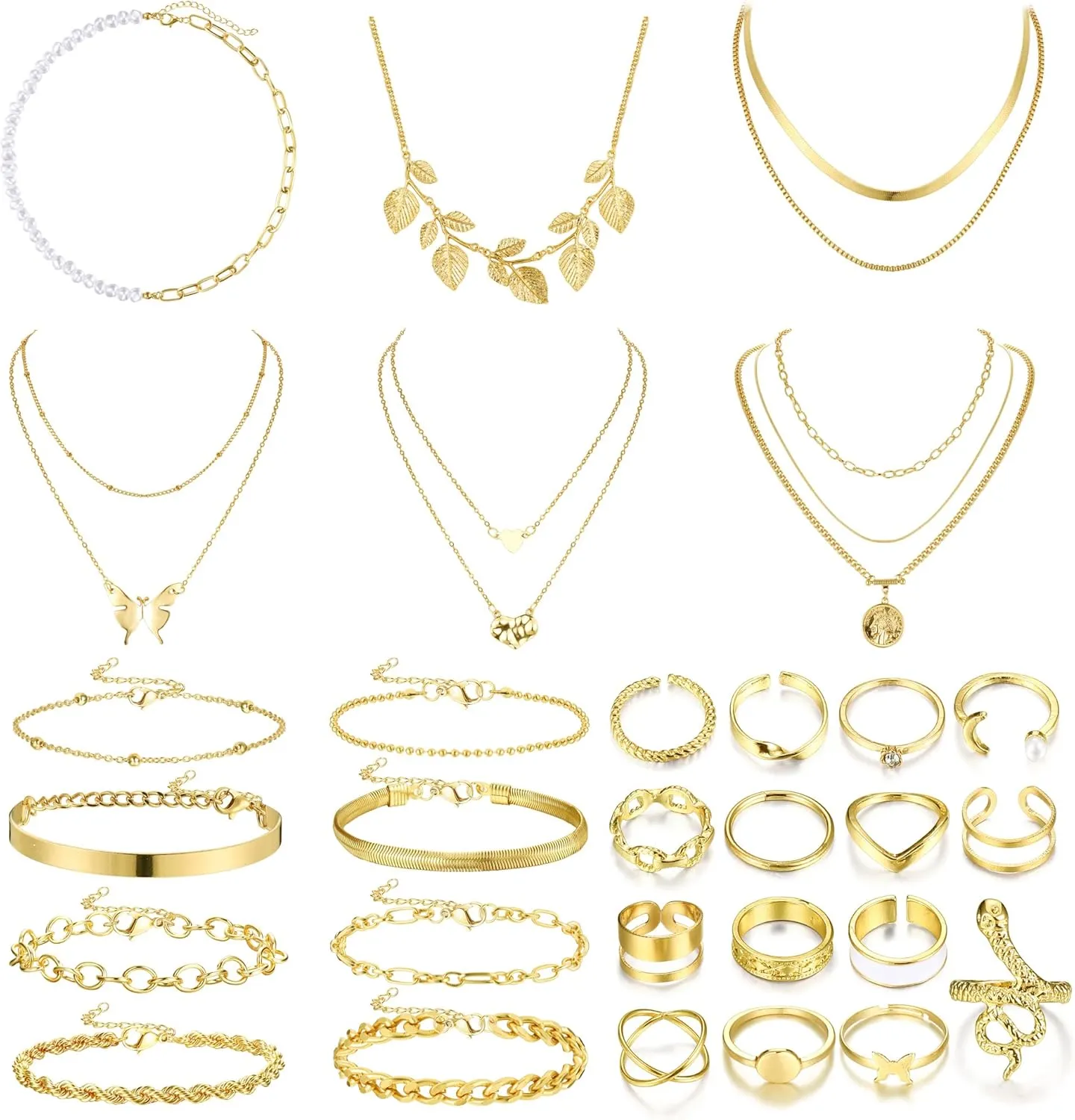 Sanfenly Gold Jewelry Sets for Women - Layered Necklaces, Chain Bracelets, Knuckle Rings for Valentine, Anniversary, Birthday Gift