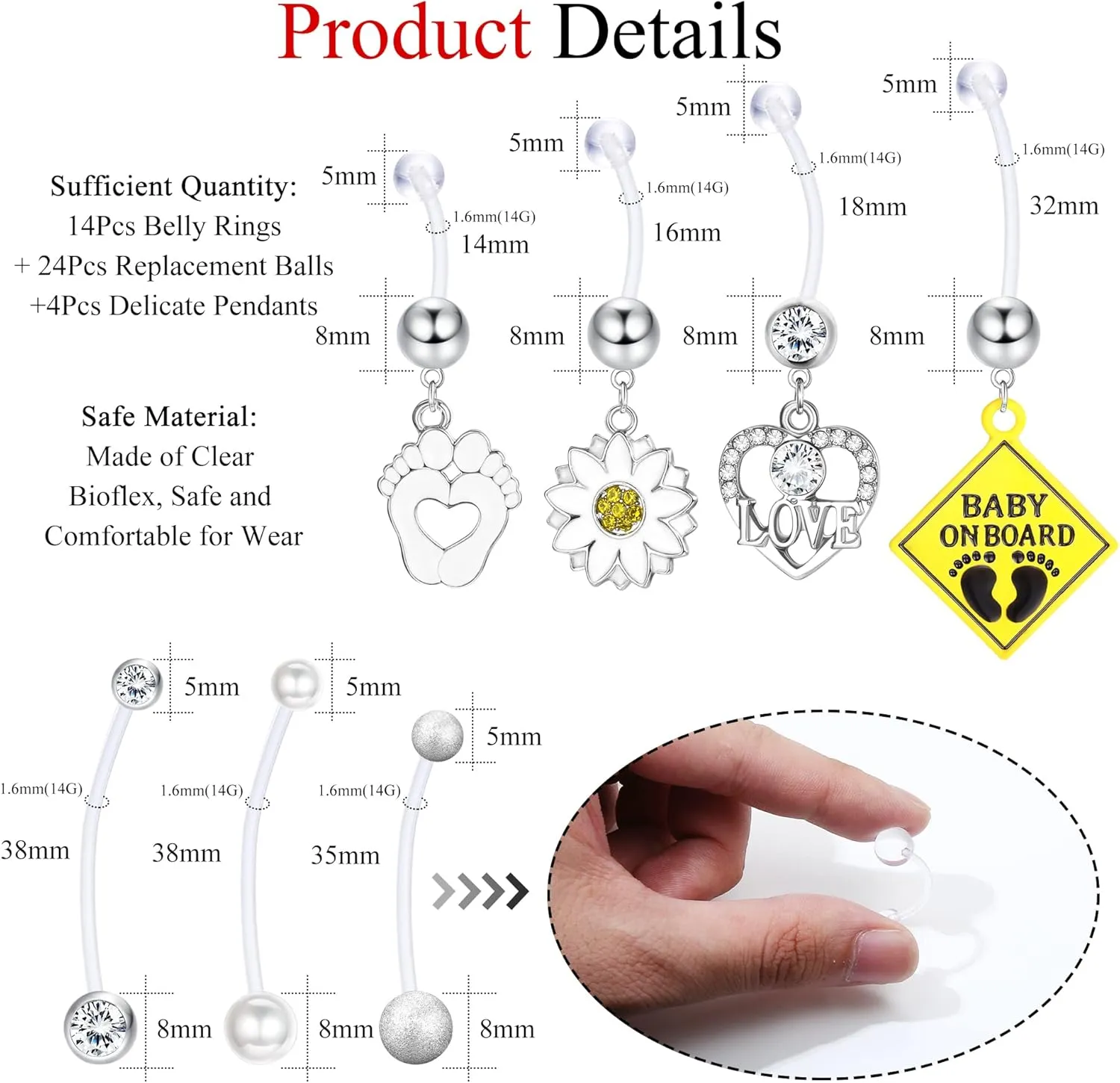 Sanfenly Plastic Pregnancy Belly Button Rings Long Bar Navel Rings Flexible Clear Acrylic Bioplast Sport Maternity Belly Navel Ring Retainer Belly Piercing Jewelry 14G 14/16/18/32/35/38mm