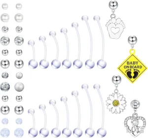 Sanfenly Plastic Pregnancy Belly Button Rings Long Bar Navel Rings Flexible Clear Acrylic Bioplast Sport Maternity Belly Navel Ring Retainer Belly Piercing Jewelry 14G 14/16/18/32/35/38mm