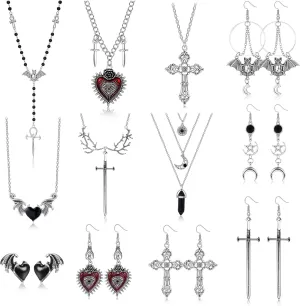 Sanfenly Y2k Grunge Jewelry Set 6 Pcs Gothic Grunge Necklaces   6 Pairs Grunge Earrings Punk Emo Vintage Goth Cross Bat Sword Wing Evil Eye Crystal Necklace Earrings Y2k Accessories for Women Men