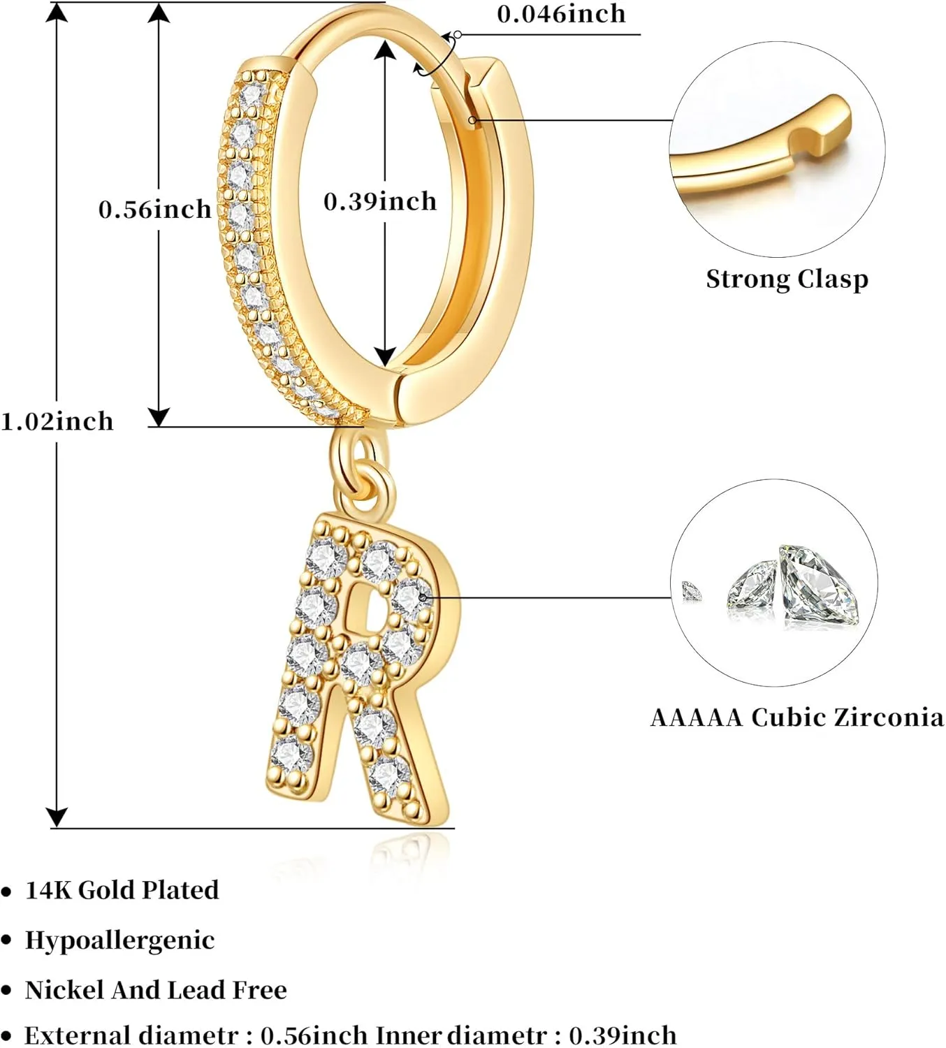 SANNYRA Initial Hoop Earrings for Women, 14K Gold Silver Rose Gold Plated CZ Letter Hypoallergenic Stud Earring Gifts
