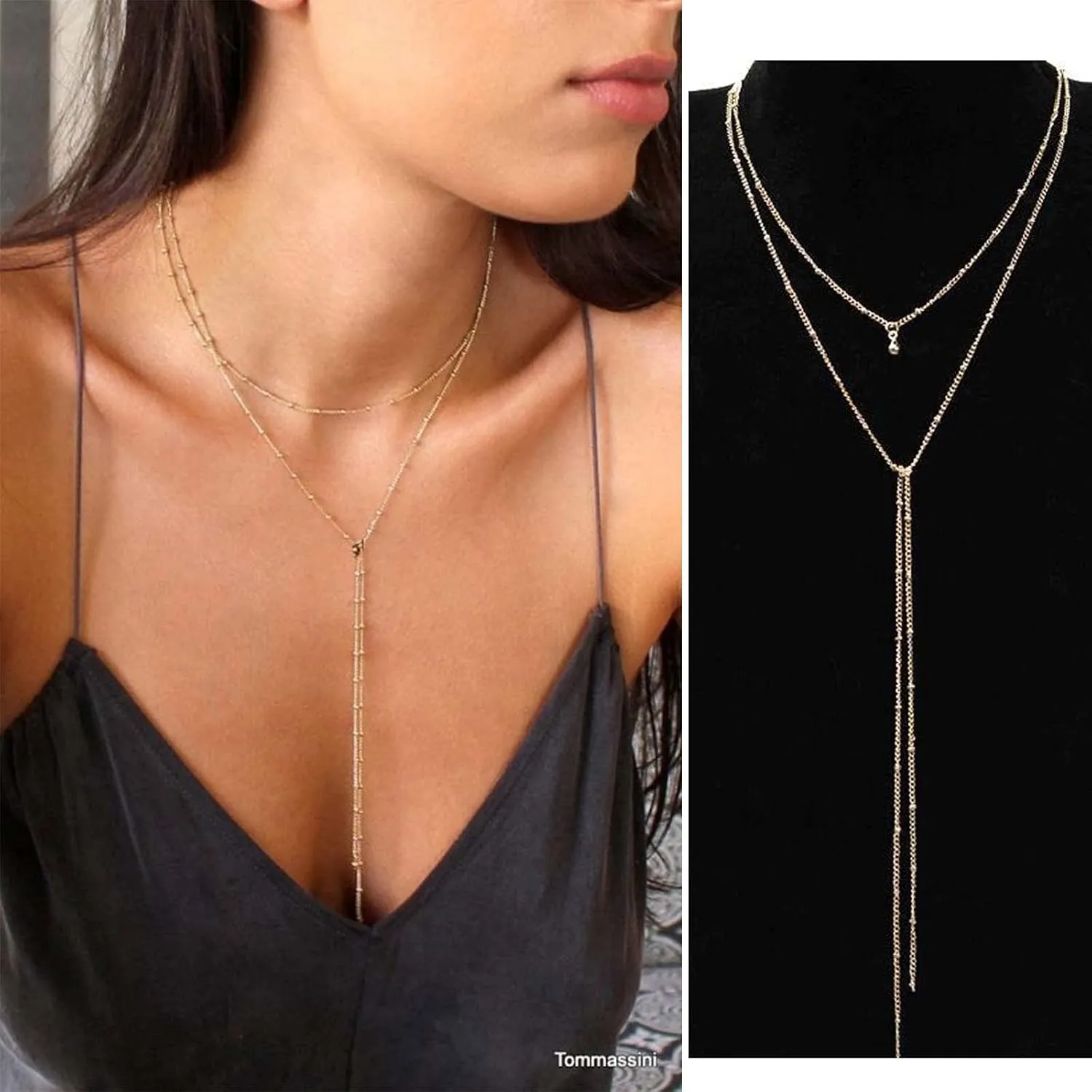 Satellite Chain Y Drop Necklace Gold Bead Y Lariat Necklace Boho Long Drop Y Necklace Vintage Layered Necklace Chain Jewelry
