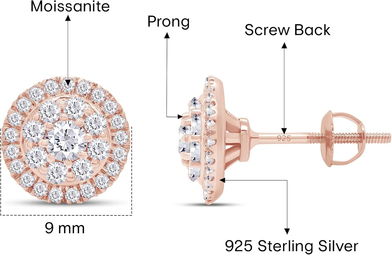 SAVEARTH DIAMONDS Moissanite & Lab Grown Diamond Earrings, 925 Sterling Silver Studs for Women Men,VVS1 Clarity, 14K Gold Plated Small Earrings Studs with Screw Back