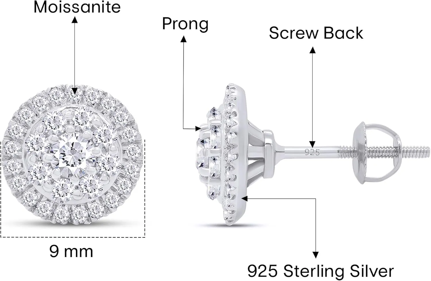 SAVEARTH DIAMONDS Moissanite & Lab Grown Diamond Earrings, 925 Sterling Silver Studs for Women Men,VVS1 Clarity, 14K Gold Plated Small Earrings Studs with Screw Back