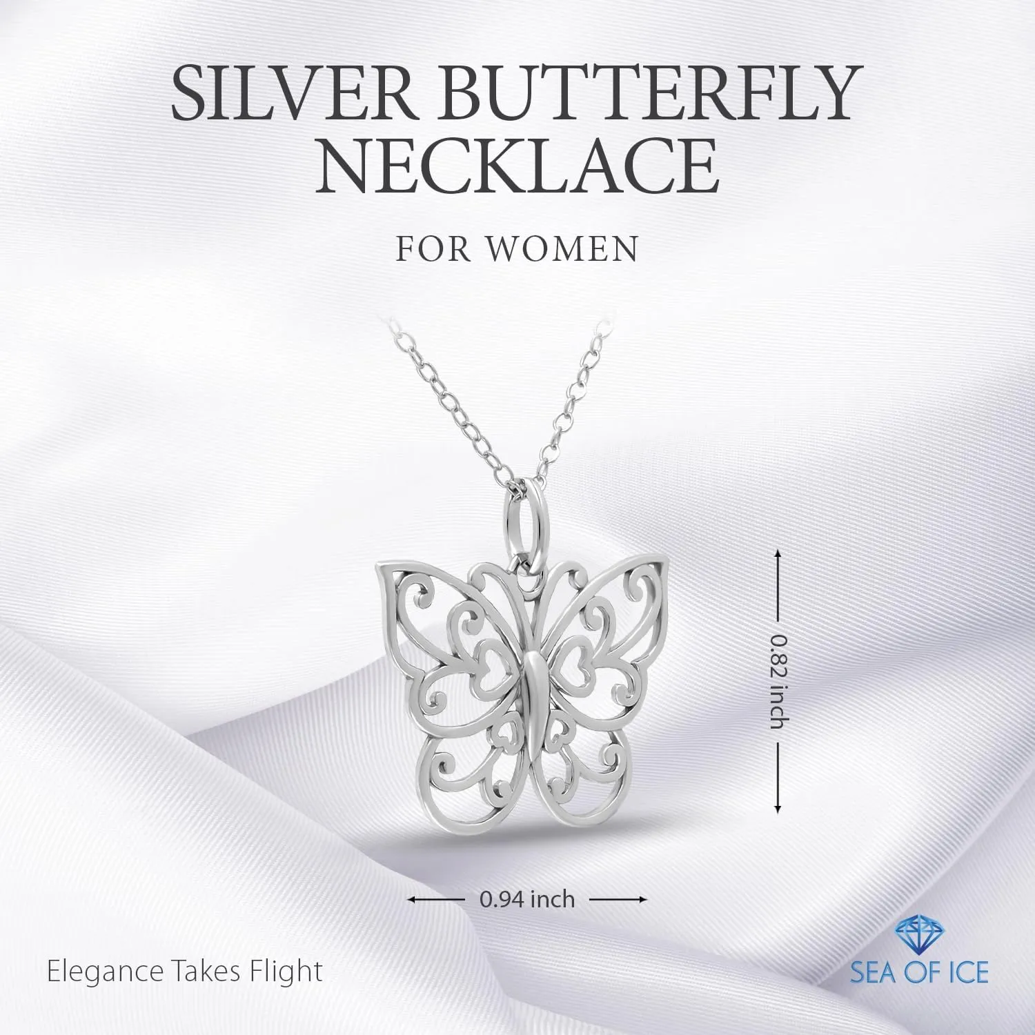 SEA OF ICE Silver Butterfly Necklace  18 Inch Sterling Silver Butterfly Chain  Elegant Filigree Pendant Necklace for Women Skin Friendly Necklaces Aesthetic Ideal for Party, Everyday Wear