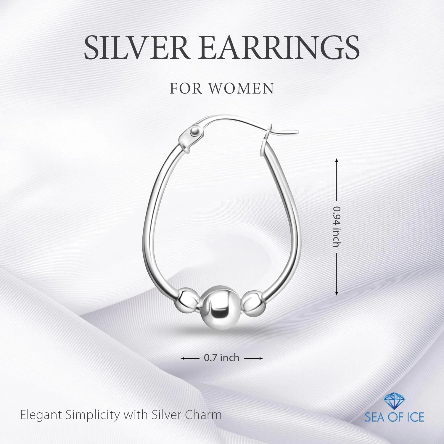 SEA OF ICE Sterling Silver Polish Trendy Dangle Drop Beaded Hoop Earrings 18x24mm Oval Round Sterling Silver Earrings for Women  Nickel-Free Jewelry