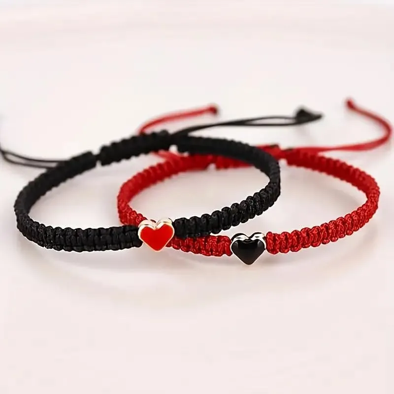 Set of 2 Colorful Heart Beaded Pair Handmade Bracelet for Couple and Friendship BFF Bracelet Adjustable Bracelet Set for Valentine's Day Gift