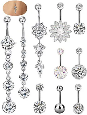 SEVENSTONE 10PCS Stainless Steel Belly Button Rings for Girls Women Navel Piercing Bars Body Jewelry