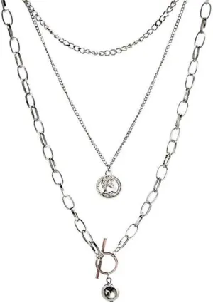 SEVENSTONE Silver Layered Necklace Lock Key Pendant Keychain Punk Chunky Necklace Long Chain Statement Choker for Women Men