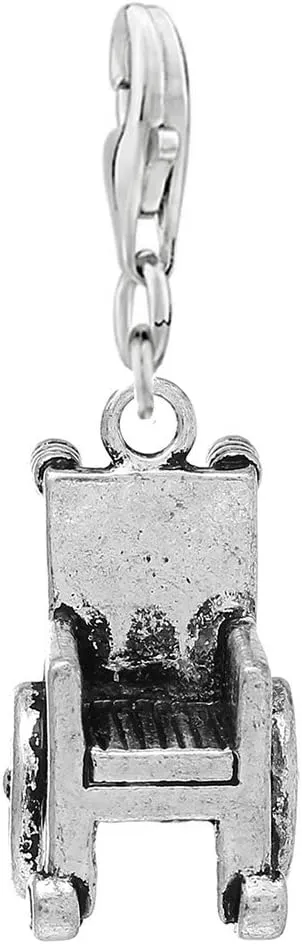 Sexy Sparkles Clip on Charm  3D Wheelchair Dangling Pendant with Lobster Clasp, Compatible with Bracelets and Necklaces, Made of Zinc Metal Alloy