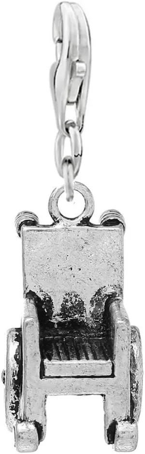 Sexy Sparkles Clip on Charm  3D Wheelchair Dangling Pendant with Lobster Clasp, Compatible with Bracelets and Necklaces, Made of Zinc Metal Alloy