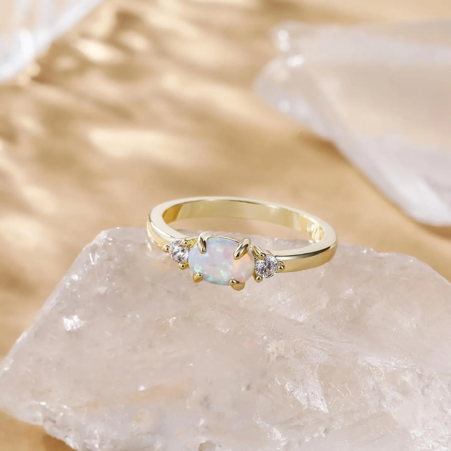 SHINYSO 14K Gold Plated Wedding Bands for Women Opal Cubic Zirconia Ring Stackable CZ Pave Eternity Engagement Rings for Women Size 4-10