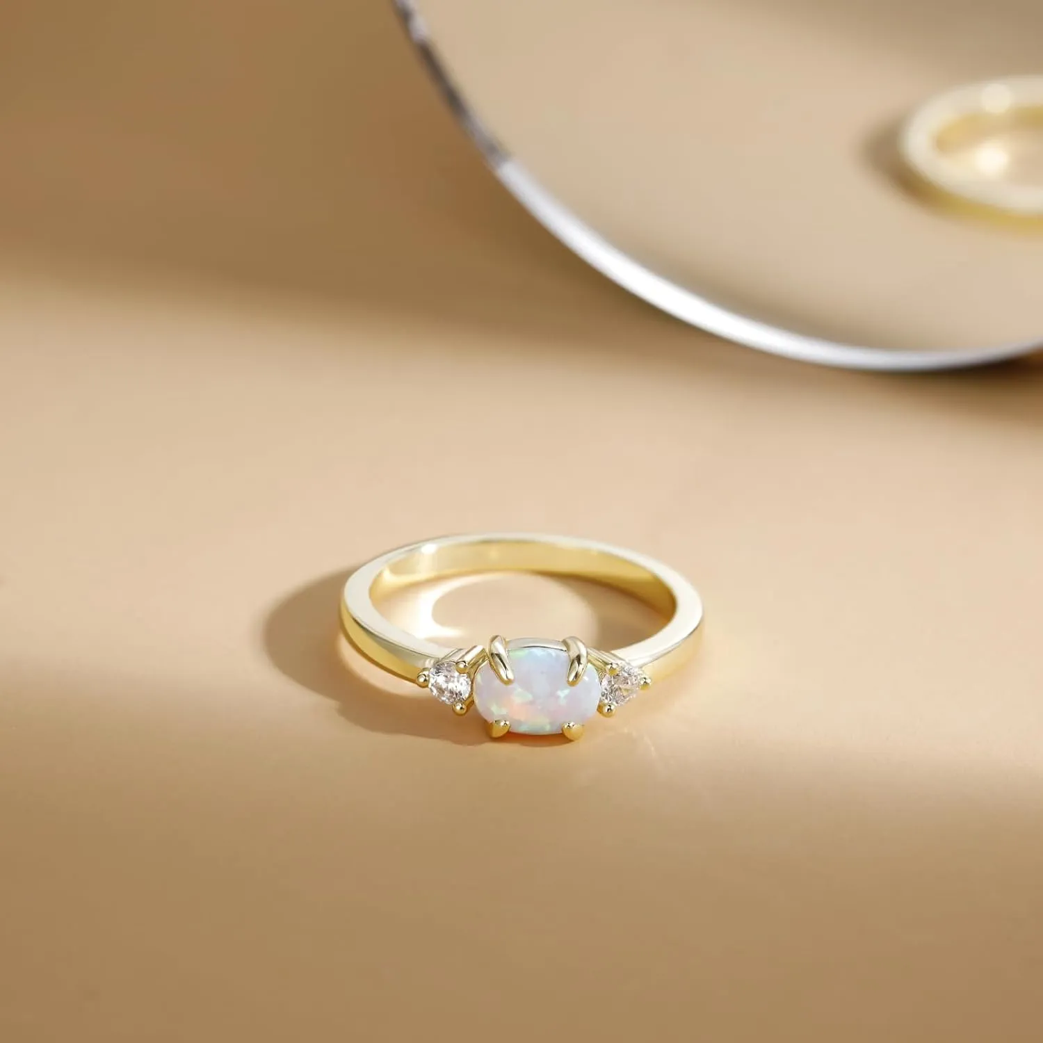 SHINYSO 14K Gold Plated Wedding Bands for Women Opal Cubic Zirconia Ring Stackable CZ Pave Eternity Engagement Rings for Women Size 4-10