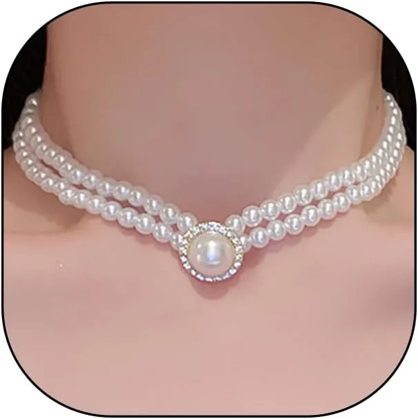 Short Pearl Choker Necklaces for Women Layered Court Palace Necklace Prom Party Theatre Perform Costume Prop Pendant Necklace