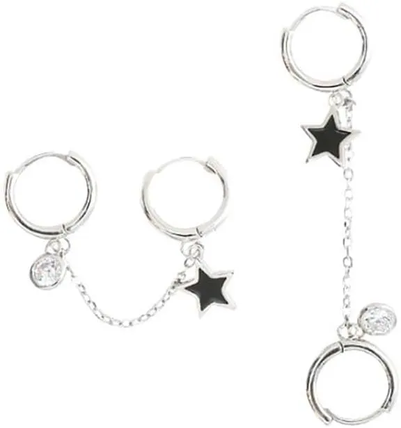 Silver Black Star Double Hoop Earrings CZ Double Piercing Dangle Chain Earrings Huggie Hoop Earring