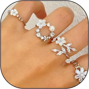 Silver Flower Rings for Women Stackable Cubic Zirconia Pearl Blossom knuckle Ring Set Rhinestone Leaf Floral Statement Rings Birthday Jewelry Presents