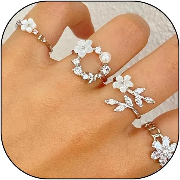 Silver Flower Rings for Women Stackable Cubic Zirconia Pearl Blossom knuckle Ring Set Rhinestone Leaf Floral Statement Rings Birthday Jewelry Presents