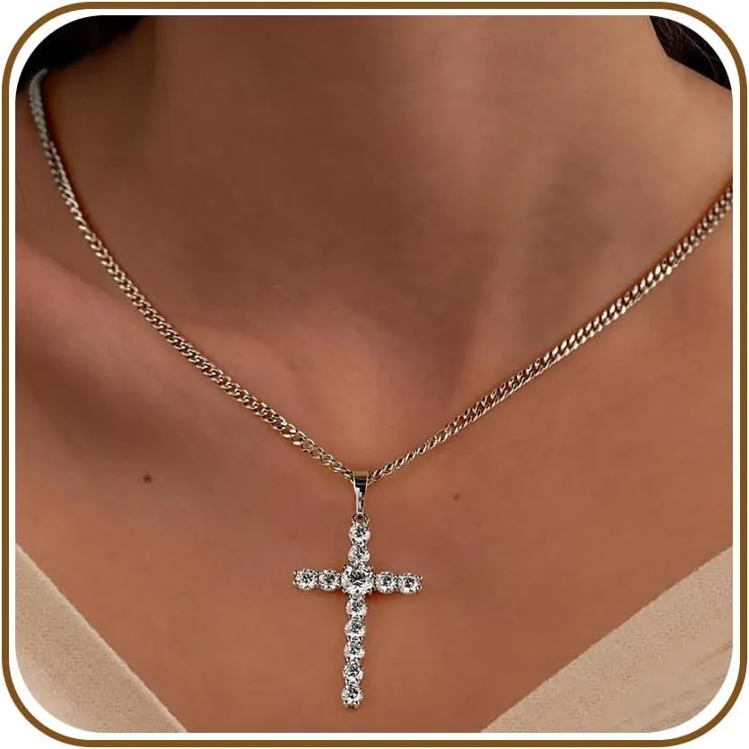 Silver Gold Plated Cubic Zirconia Cross Necklaces for Women | Cross Faith Pendant and Cuban Chain Jewelry Easter Christmas Birthday Gifts