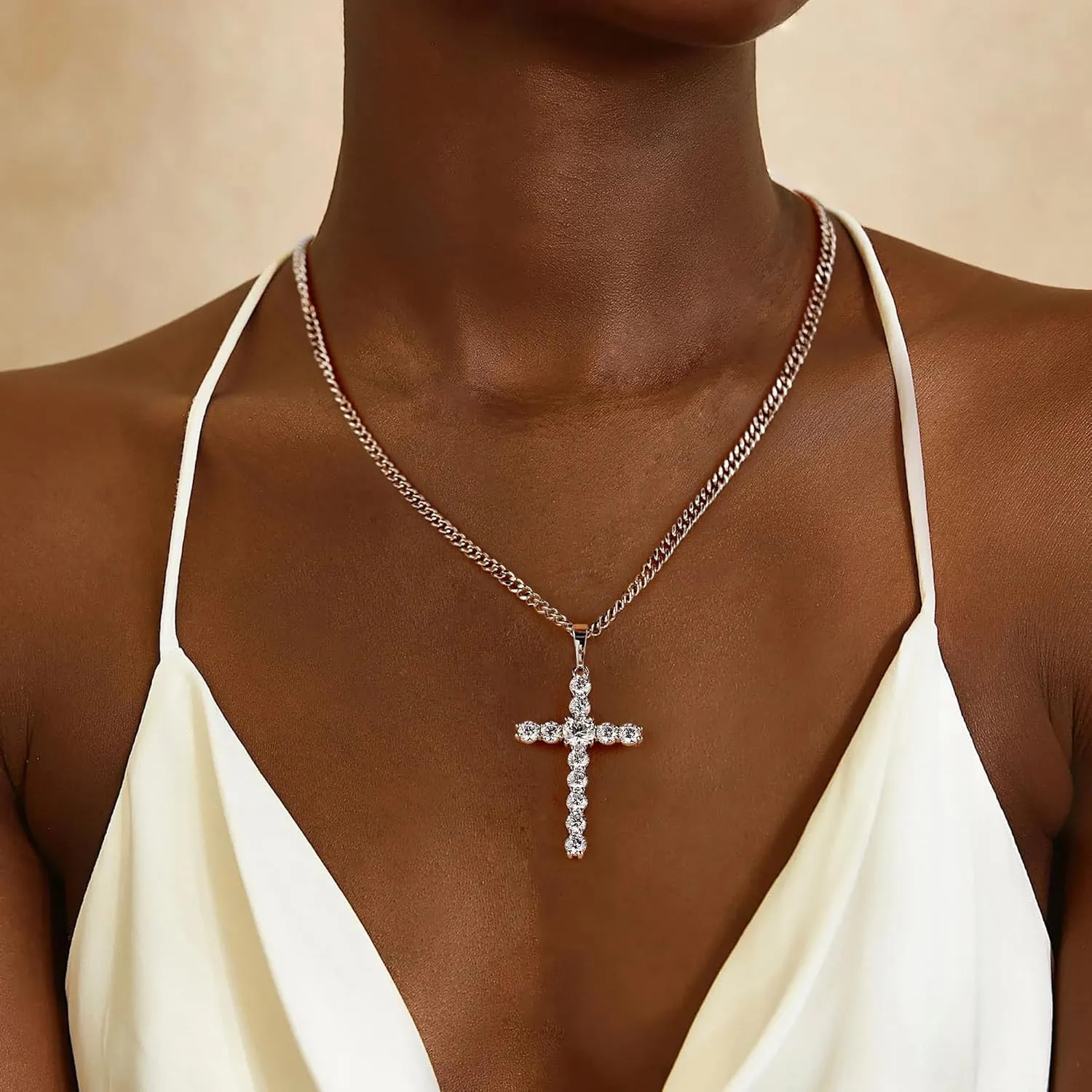 Silver Gold Plated Cubic Zirconia Cross Necklaces for Women | Cross Faith Pendant and Cuban Chain Jewelry Easter Christmas Birthday Gifts