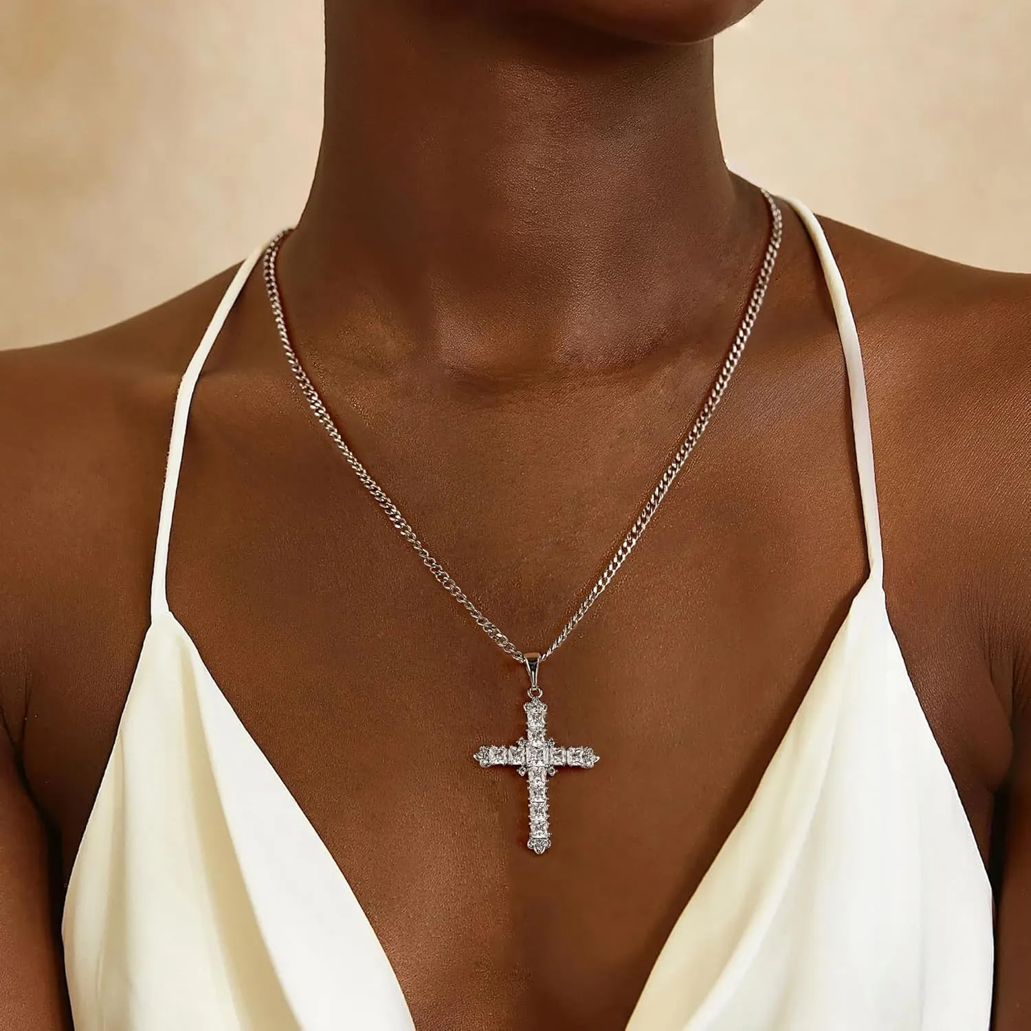 Silver Gold Plated Cubic Zirconia Cross Necklaces for Women | Cross Faith Pendant and Cuban Chain Jewelry Easter Christmas Birthday Gifts