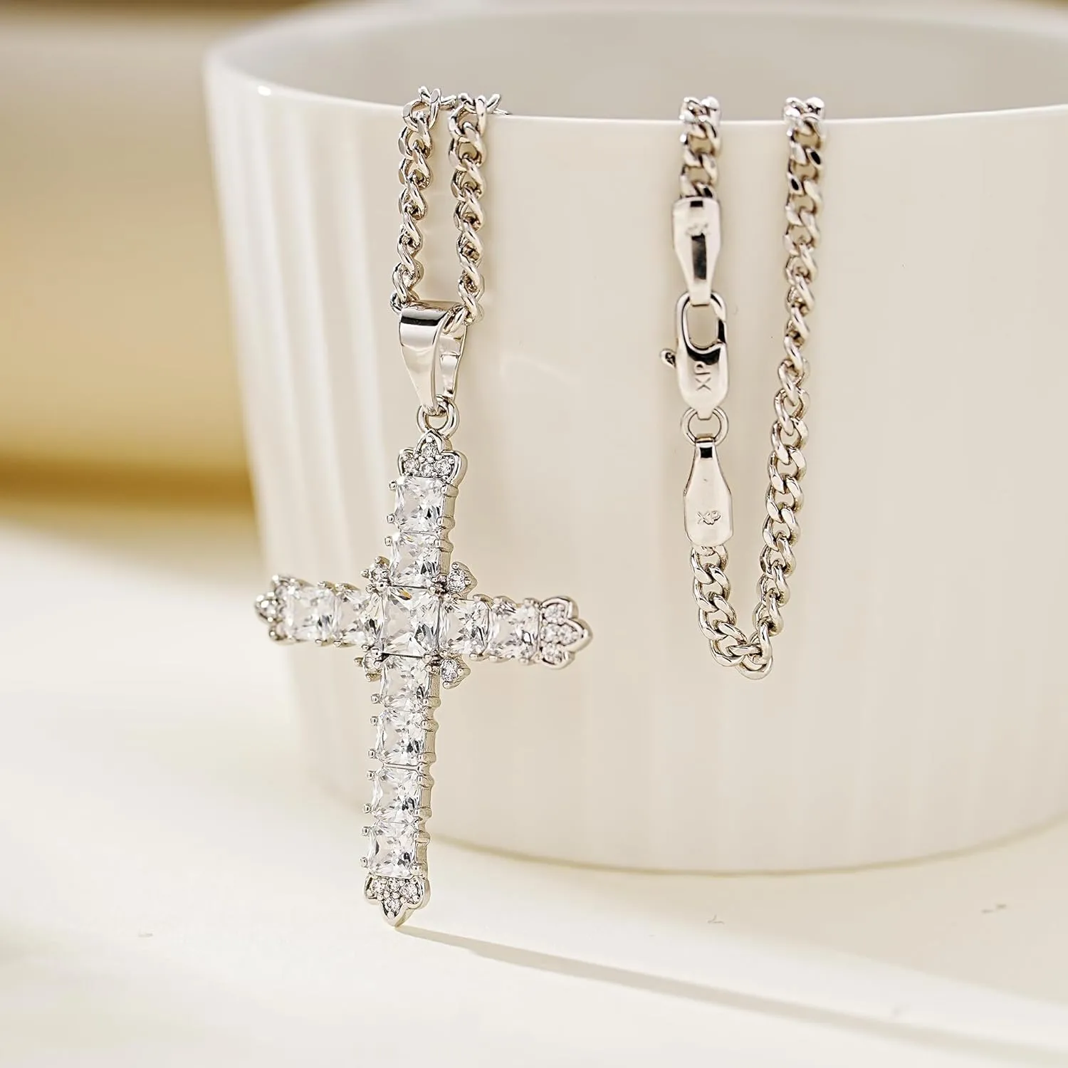 Silver Gold Plated Cubic Zirconia Cross Necklaces for Women | Cross Faith Pendant and Cuban Chain Jewelry Easter Christmas Birthday Gifts