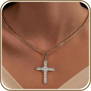 Silver Gold Plated Cubic Zirconia Cross Necklaces for Women | Cross Faith Pendant and Cuban Chain Jewelry Easter Christmas Birthday Gifts