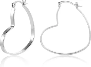 Silver Heart Earrings for Women, Large Heart Hoop Earrings Hypoallergenic Lightweight Flat Statement Earing Silver Jewelry 40mm