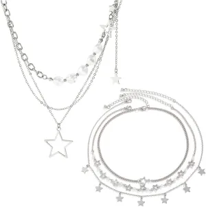 Silver Star Necklace Y2K Accessories Jewelry Chunky Silver Necklace Stack Grunge Kawaii Cute Necklaces Aesthetic Vintage Emo Jewelry (Y2K Star Necklace Style 7)
